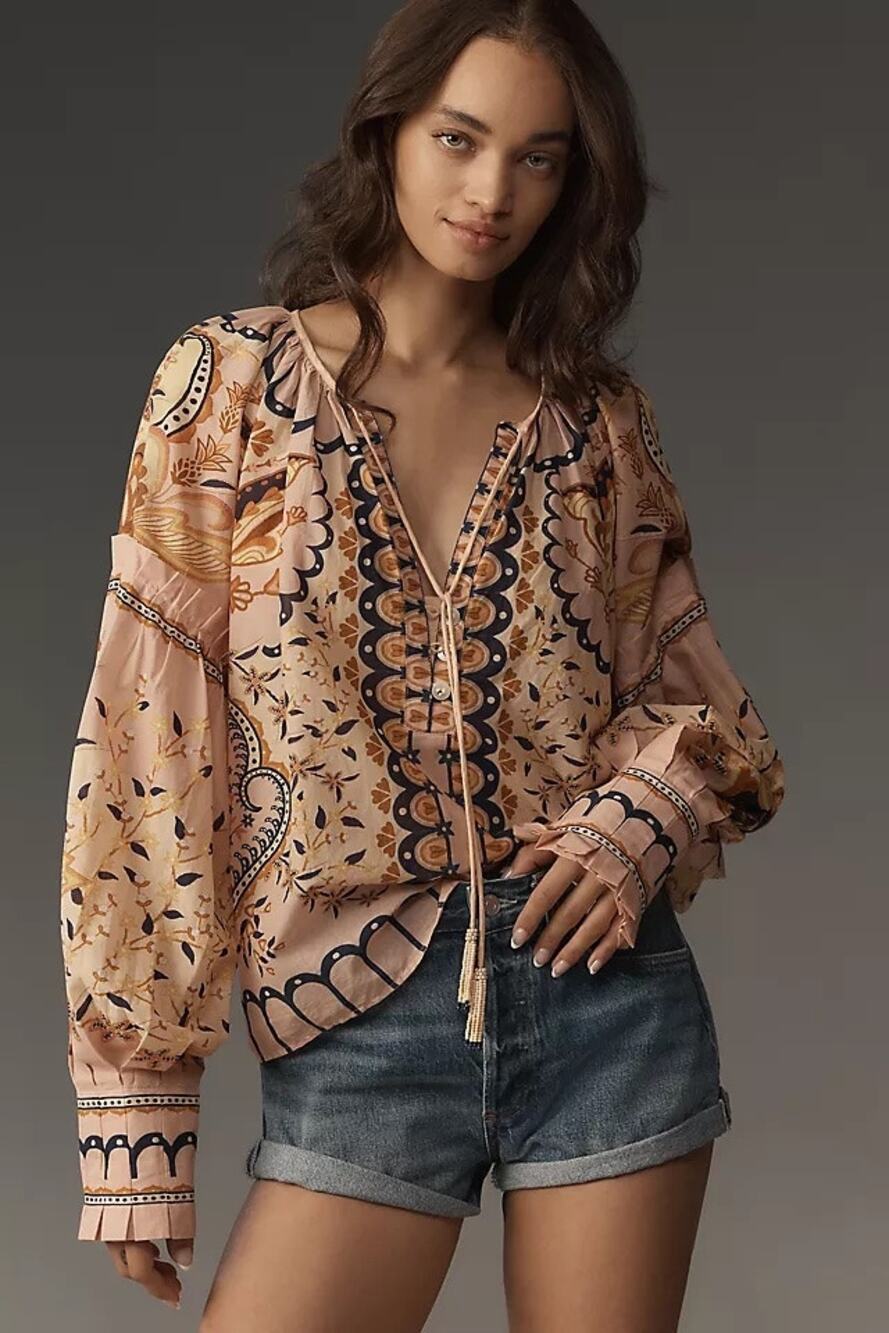 FARM Rio Pink Floral Print Poet Beaded Blouse